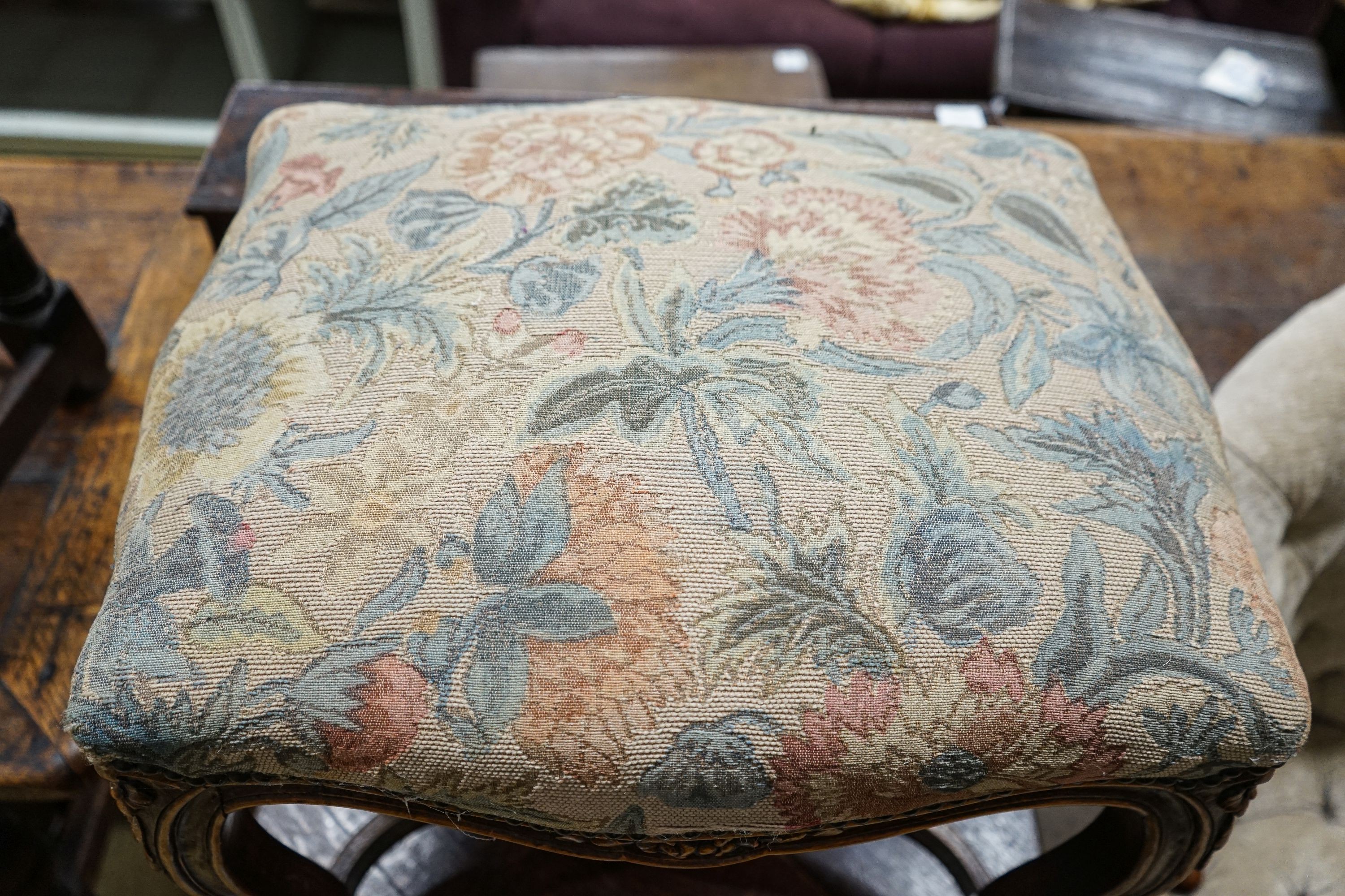 A French stained beech cabriole leg dressing stool with saltire stretcher, width 54cm, depth 41cm, height 51cm